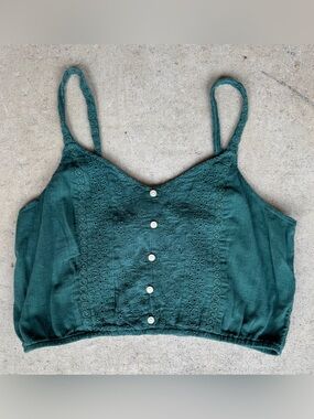 American Eagle Teal Eyelet Button Front Crop Tank Top L Boho Festival